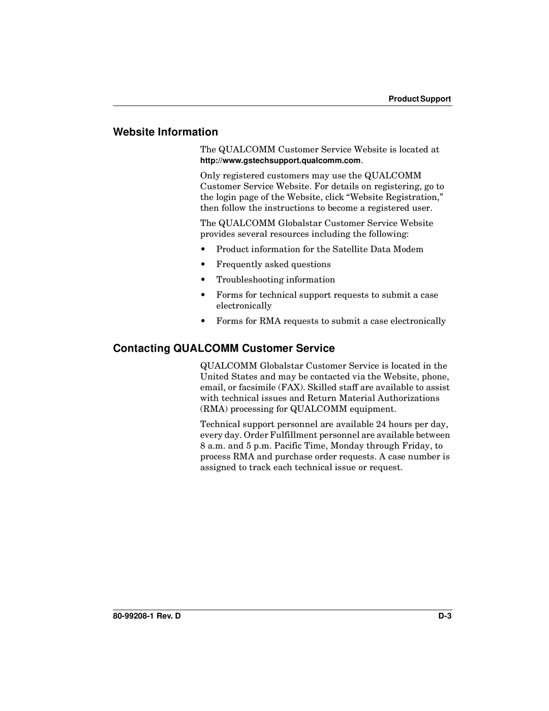 Qualcomm GSP-1620 specifications Website Information, Contacting Qualcomm Customer Service, Product Support 