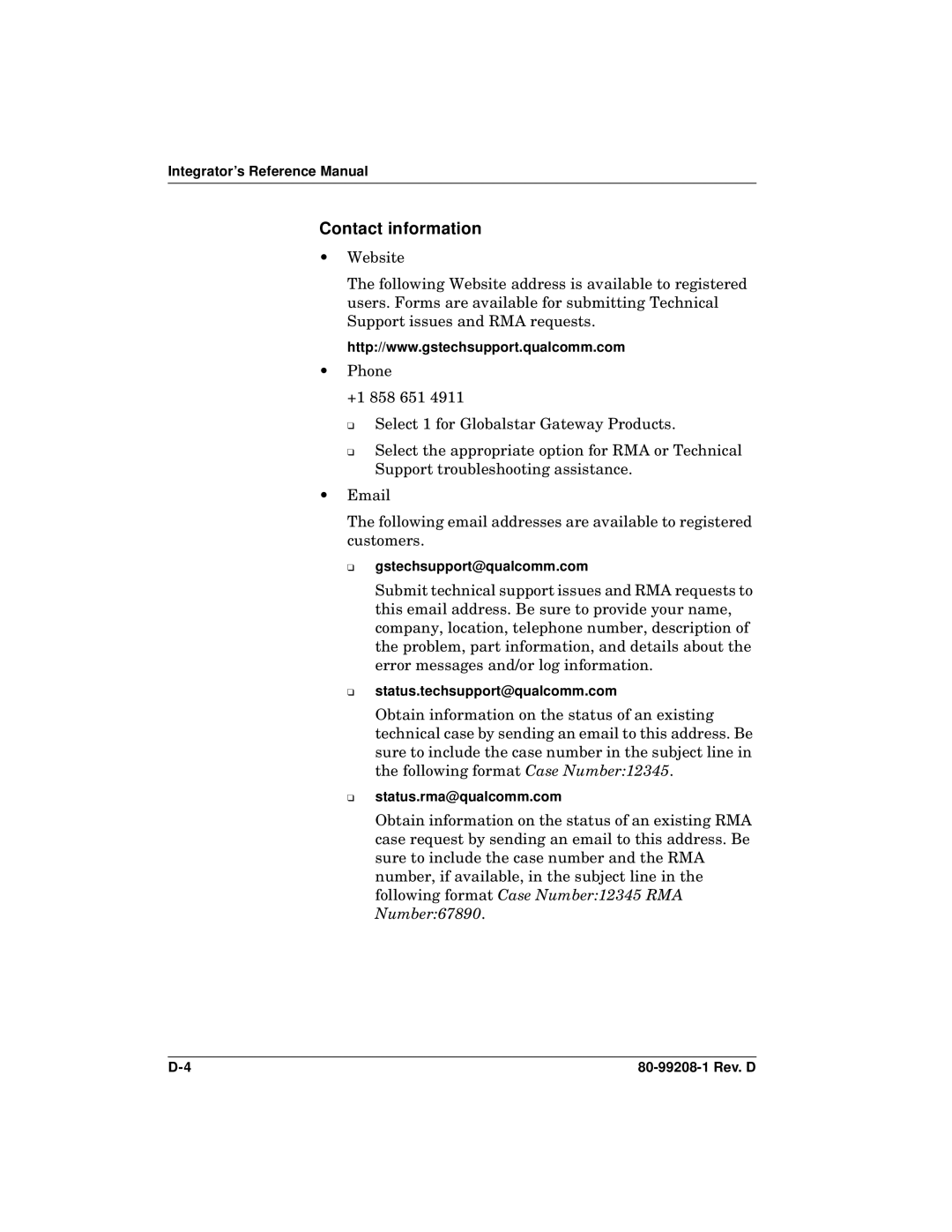 Qualcomm GSP-1620 specifications Contact information, Gstechsupport@qualcomm.com, Status.techsupport@qualcomm.com 