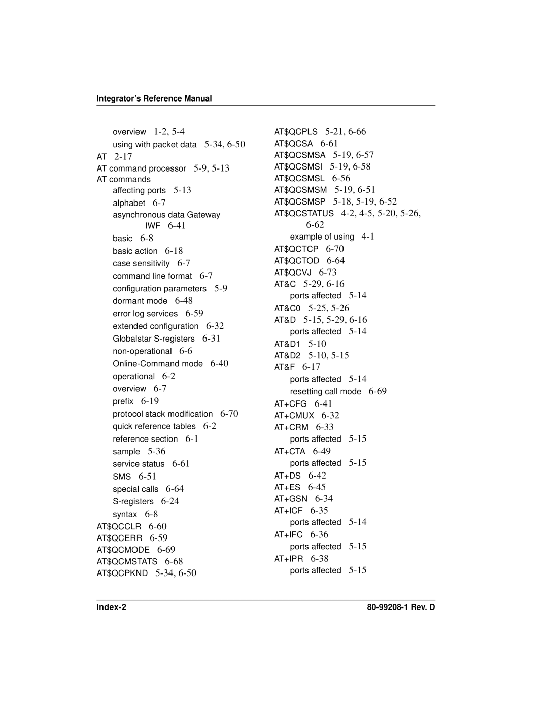 Qualcomm GSP-1620 specifications AT$QCSTATUS 4-2, 4-5, 5-20, 5-26, AT&C0 5-25 AT&D 5-15, 5-29, AT&D2 5-10, Index-2 