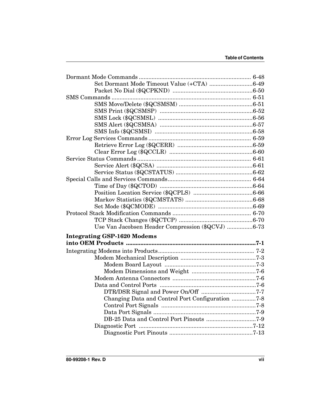 Qualcomm specifications Integrating GSP-1620 Modems Into OEM Products, 80-99208-1 Rev. D Vii 