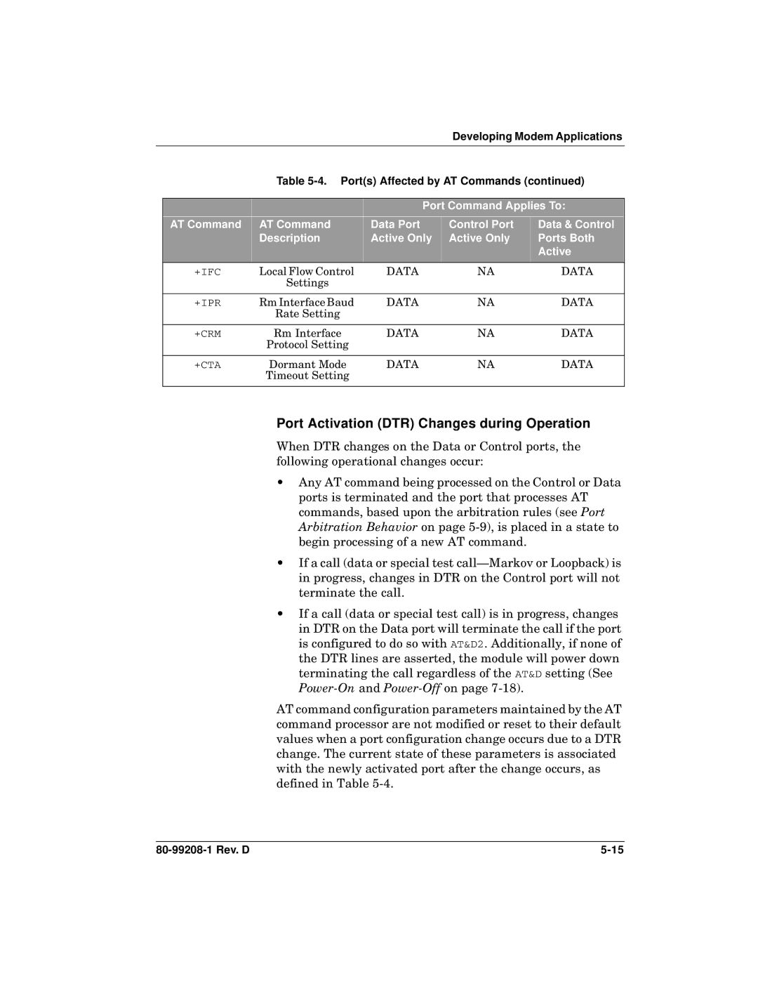 Qualcomm GSP-1620 specifications Port Activation DTR Changes during Operation 