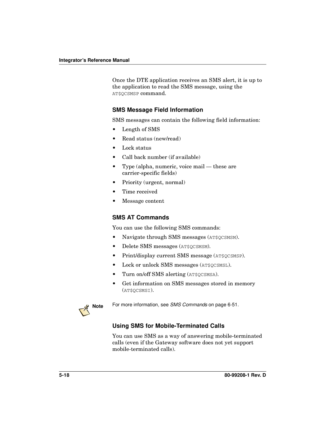 Qualcomm GSP-1620 specifications SMS Message Field Information, SMS AT Commands, Using SMS for Mobile-Terminated Calls 