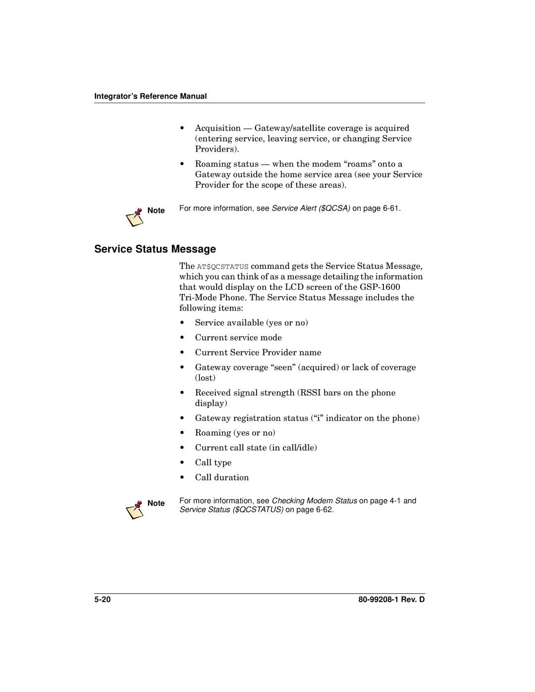 Qualcomm GSP-1620 specifications Service Status Message 