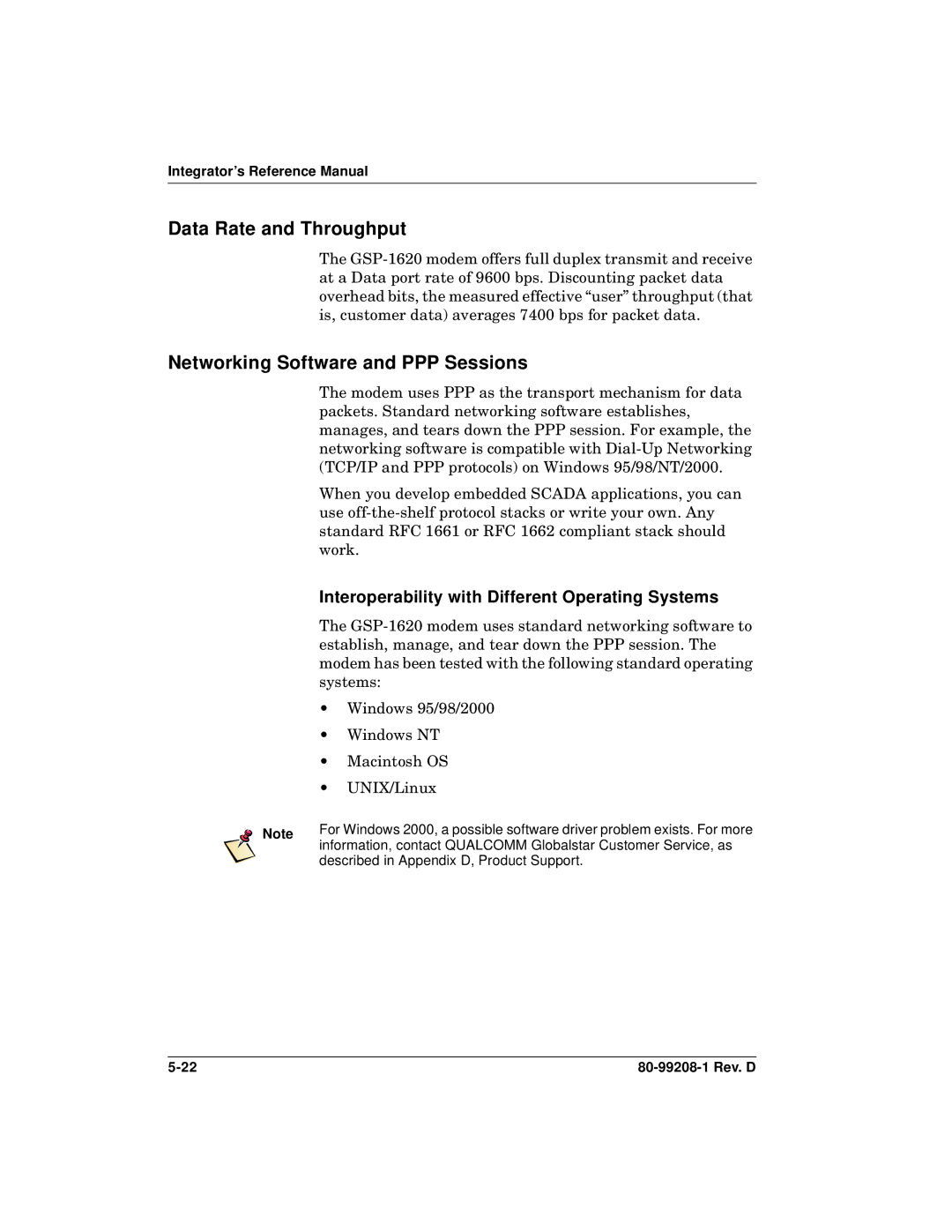 Qualcomm GSP-1620 specifications Data Rate and Throughput, Networking Software and PPP Sessions 