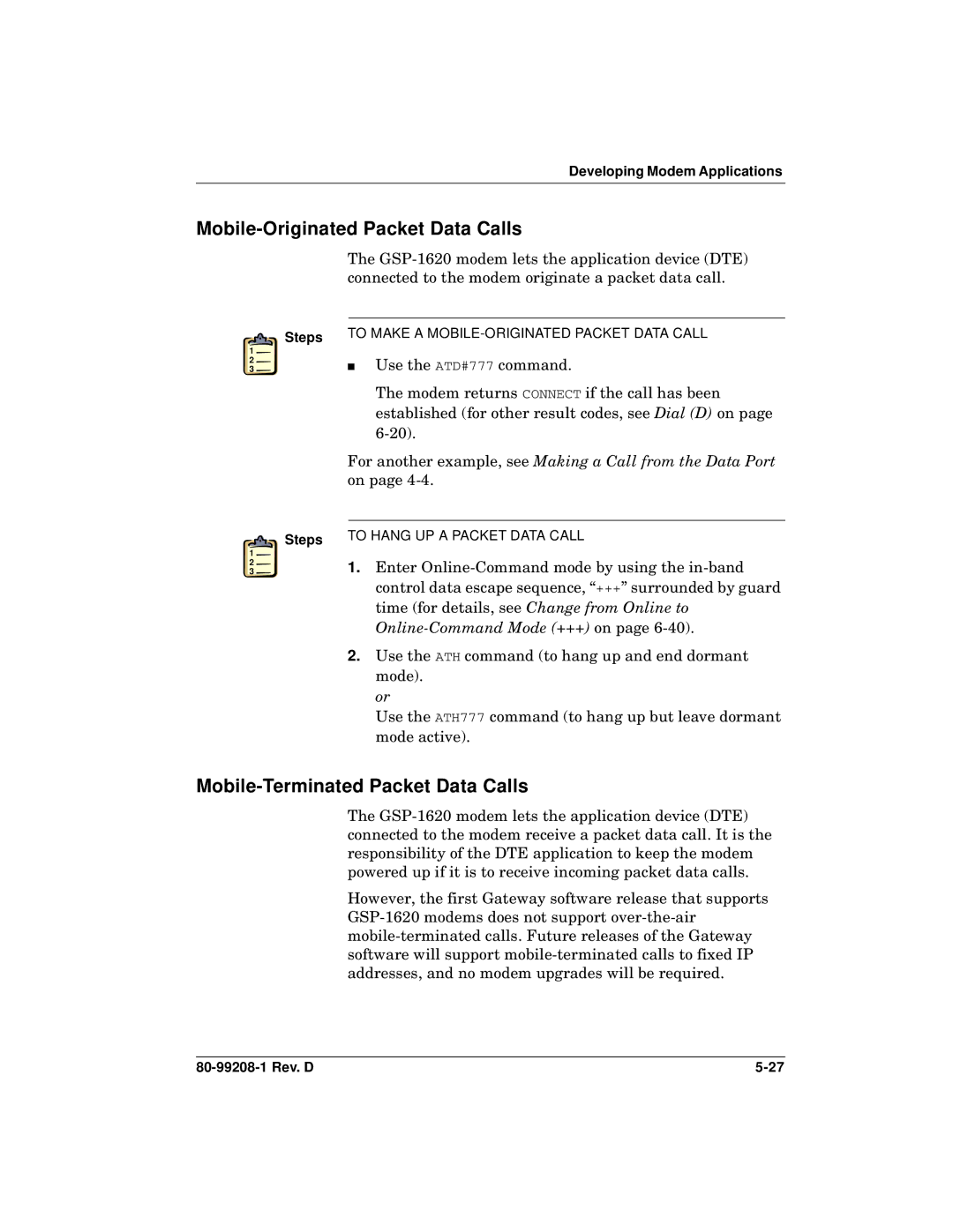 Qualcomm GSP-1620 specifications Mobile-Originated Packet Data Calls, Mobile-Terminated Packet Data Calls 