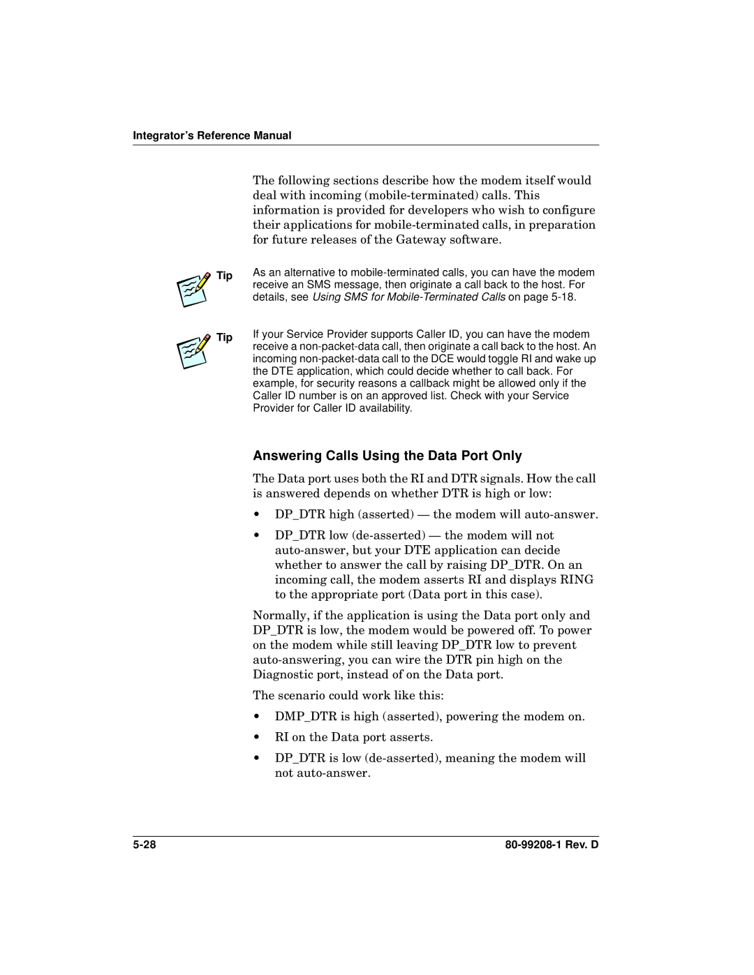 Qualcomm GSP-1620 specifications Answering Calls Using the Data Port Only, Integrator’s Reference Manual Tip 