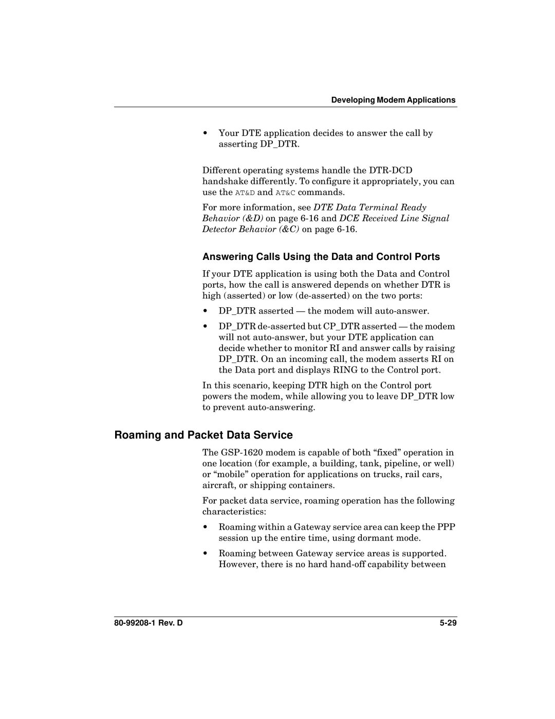 Qualcomm GSP-1620 specifications Roaming and Packet Data Service, Answering Calls Using the Data and Control Ports 