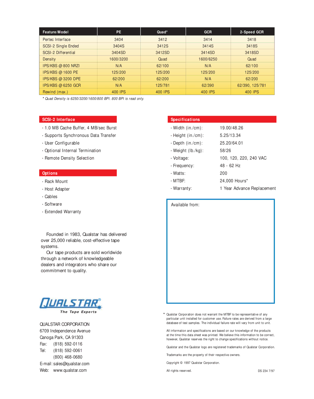 Qualstar 3400 Series manual SCSI-2 Interface, Options, Specifications, Feature/Model Quad, Speed GCR 