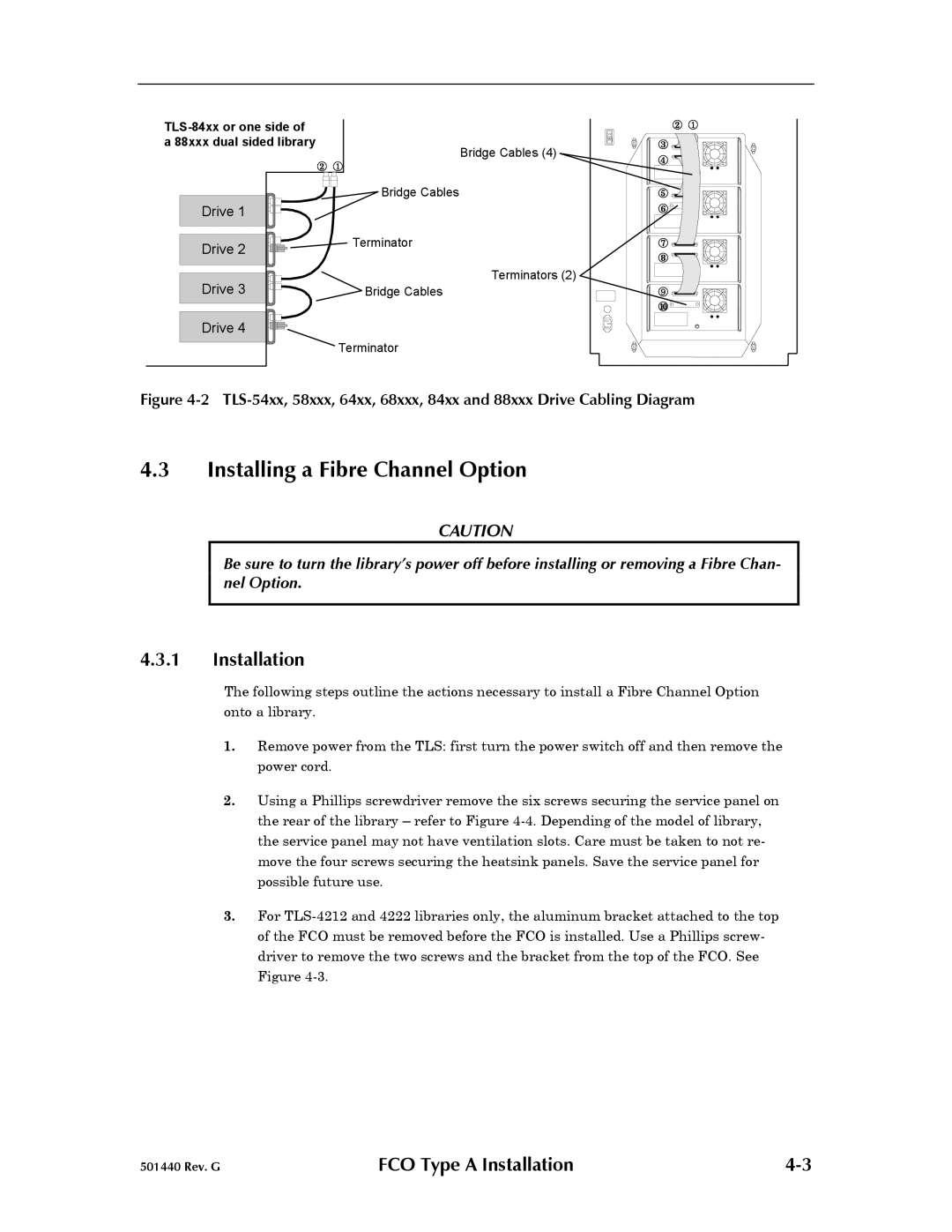 Qualstar 501440 Rev. G operation manual Installing a Fibre Channel Option, Installation 