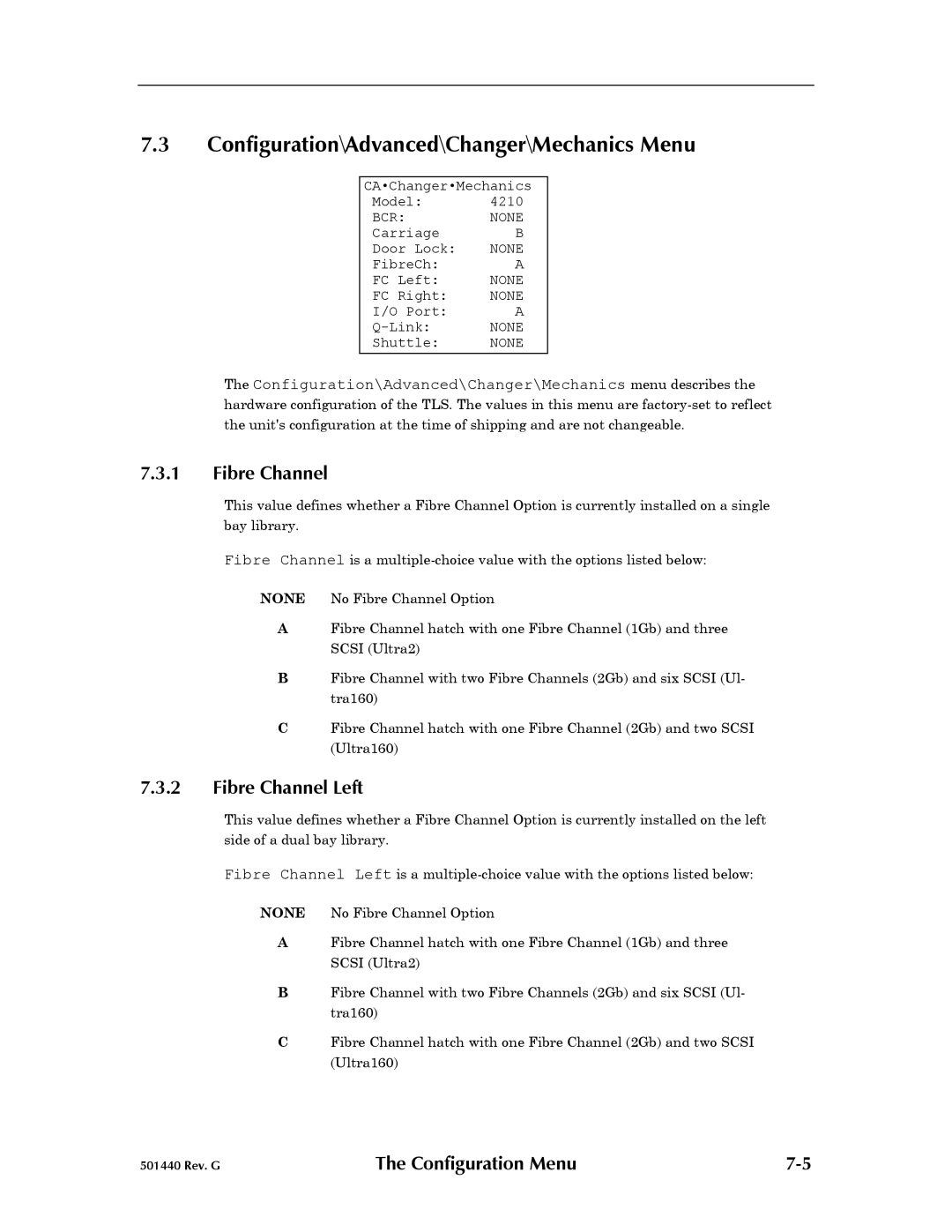 Qualstar 501440 Rev. G operation manual Configuration\Advanced\Changer\Mechanics Menu, Fibre Channel Left 