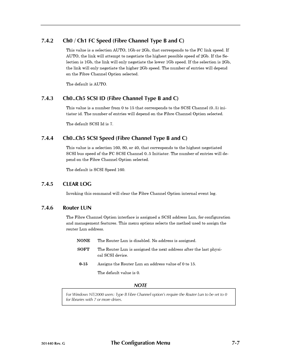 Qualstar 501440 Rev. G 2 Ch0 / Ch1 FC Speed Fibre Channel Type B and C, 3 Ch0..Ch5 Scsi ID Fibre Channel Type B and C 