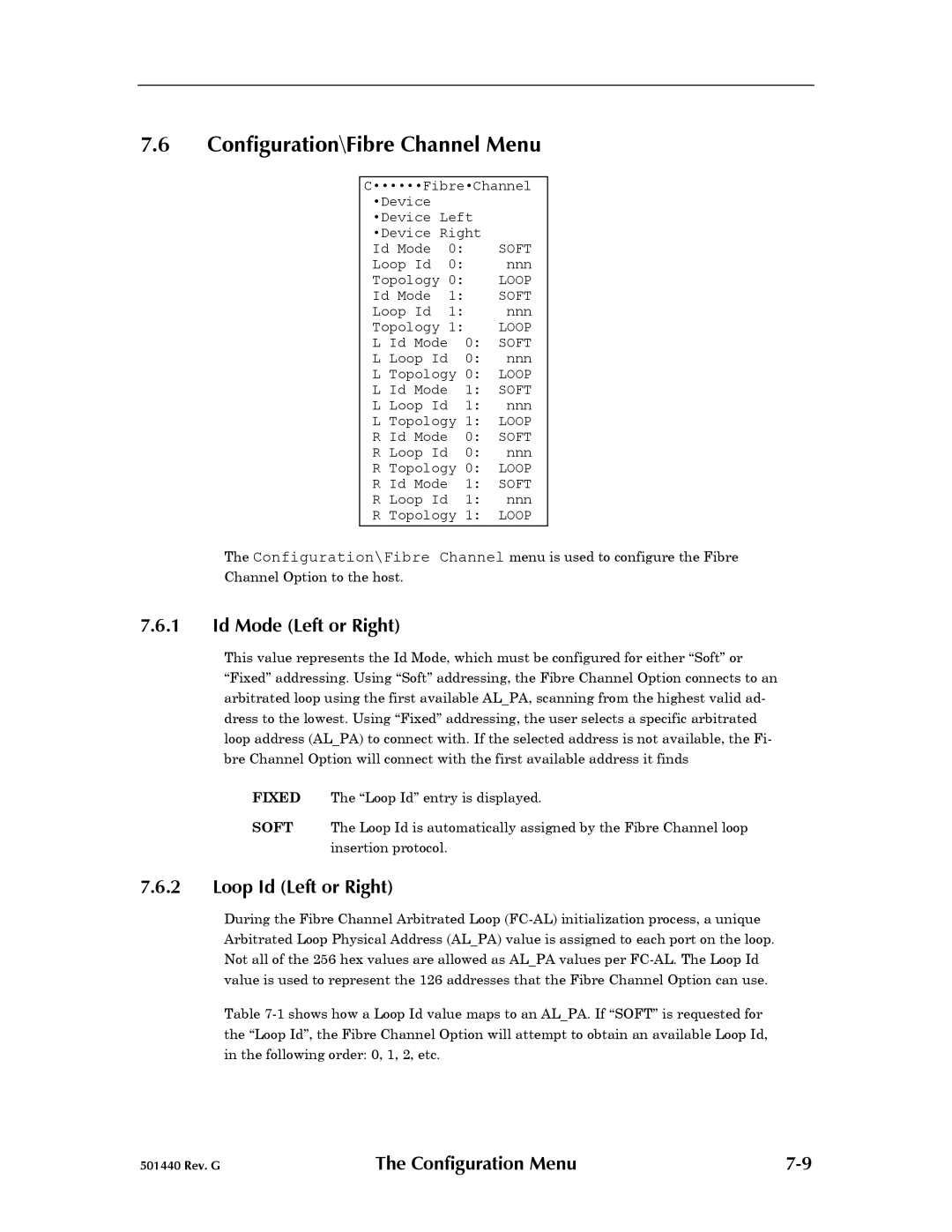 Qualstar 501440 Rev. G operation manual Configuration\Fibre Channel Menu, Id Mode Left or Right, Loop Id Left or Right 