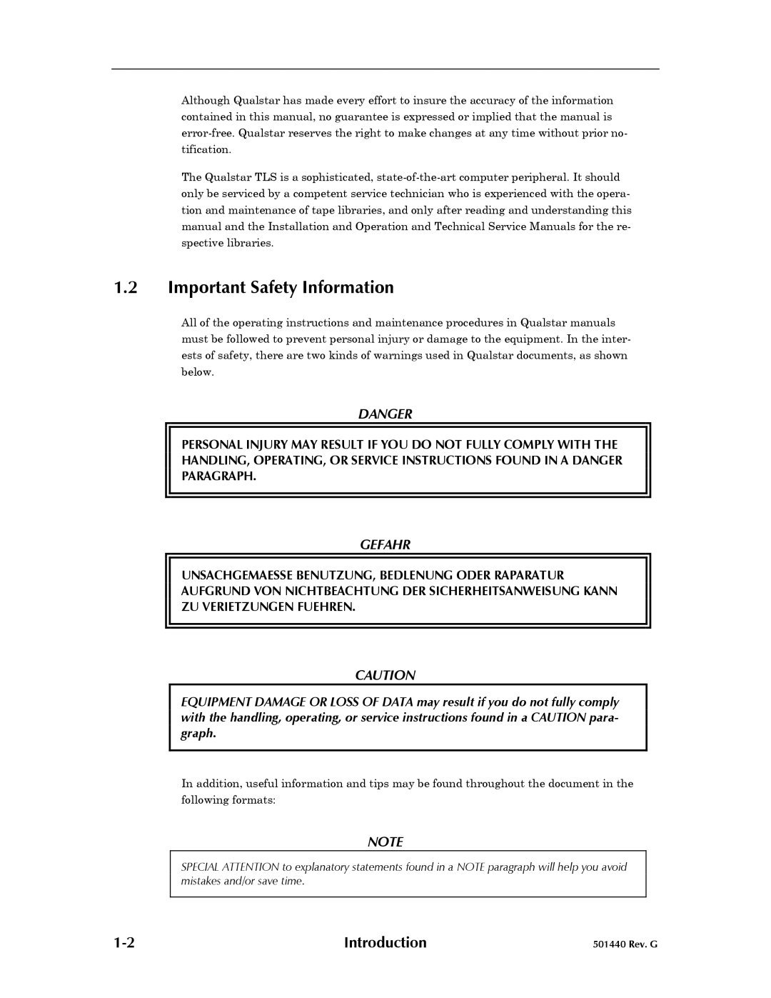 Qualstar 501440 Rev. G operation manual Important Safety Information, Gefahr 