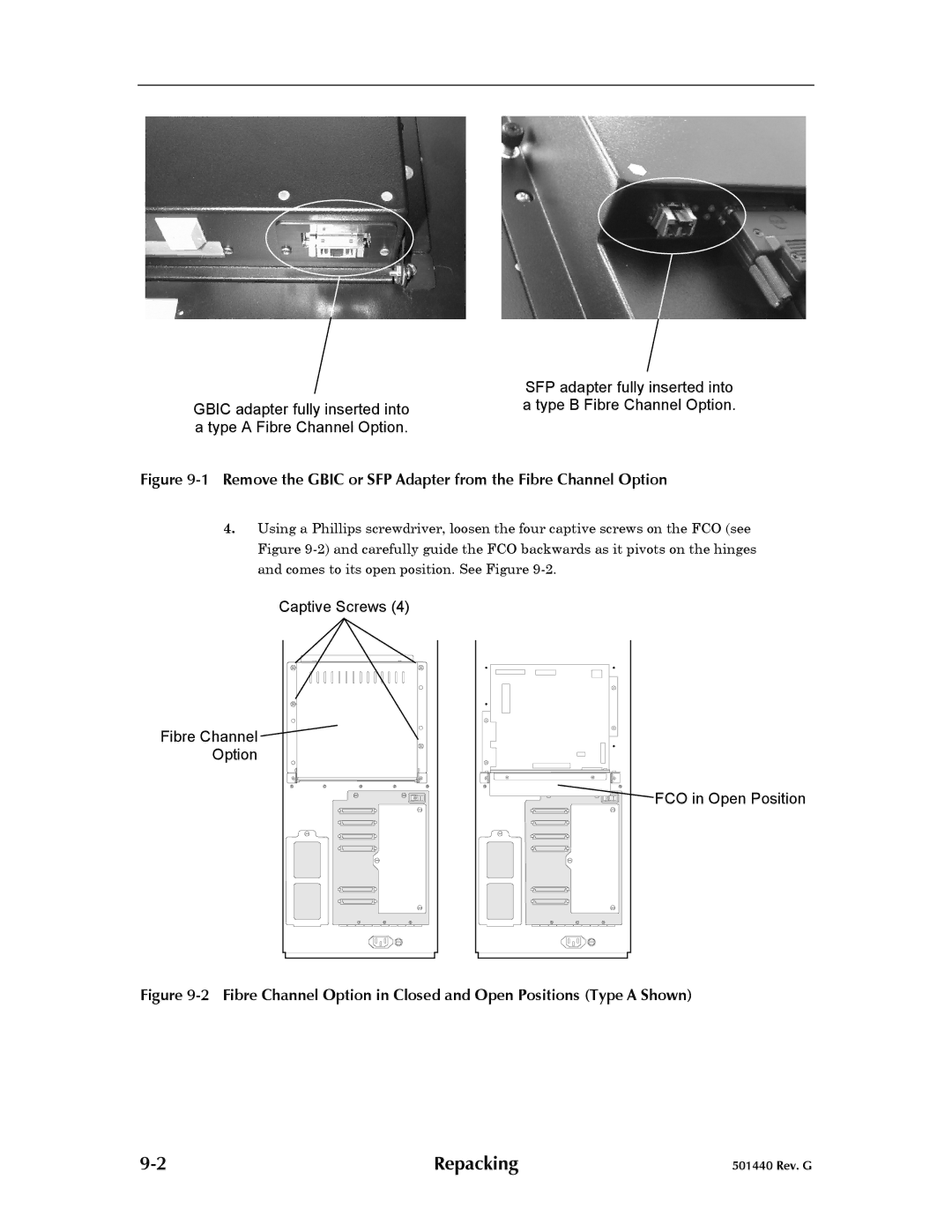 Qualstar 501440 Rev. G operation manual Remove the Gbic or SFP Adapter from the Fibre Channel Option 