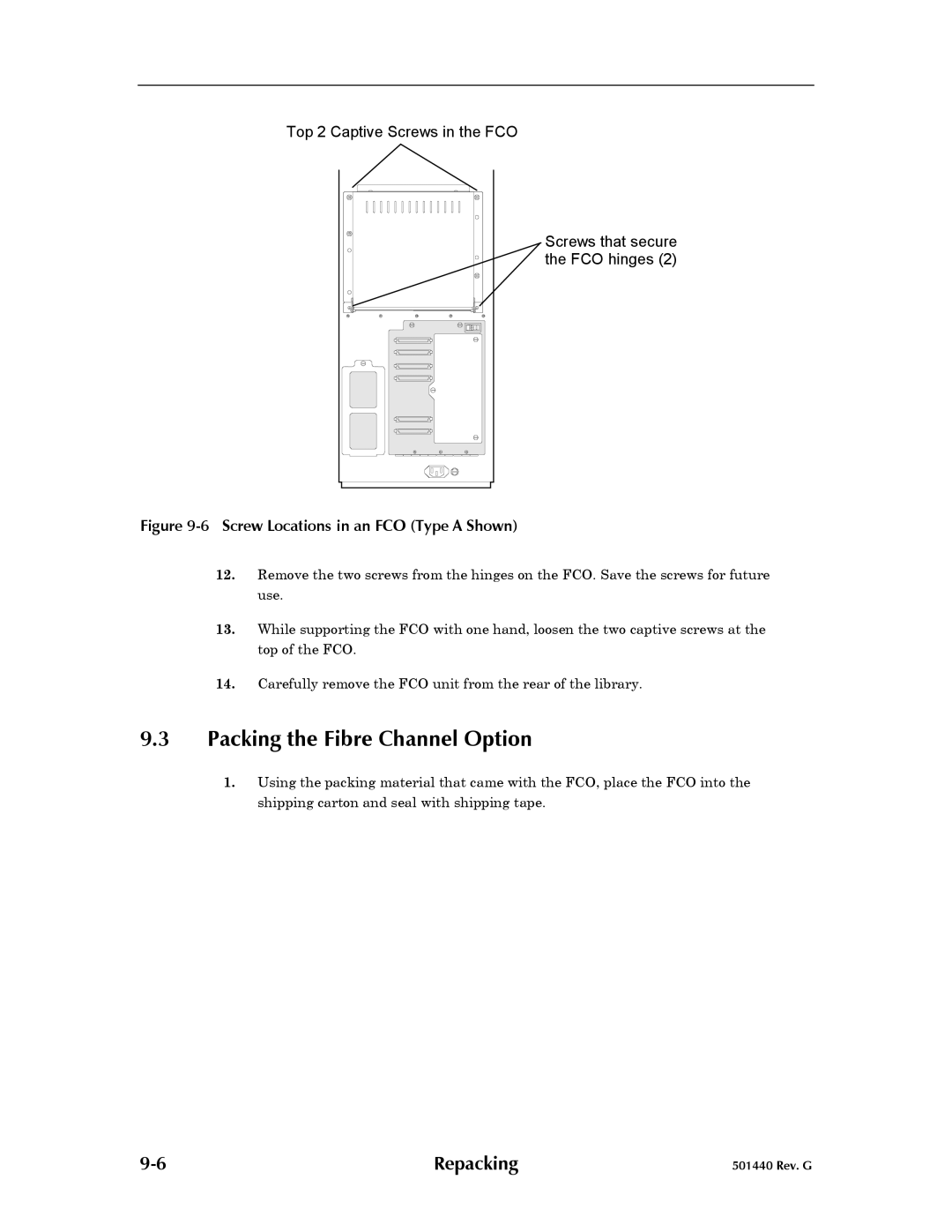 Qualstar 501440 Rev. G operation manual Packing the Fibre Channel Option, Screw Locations in an FCO Type a Shown 