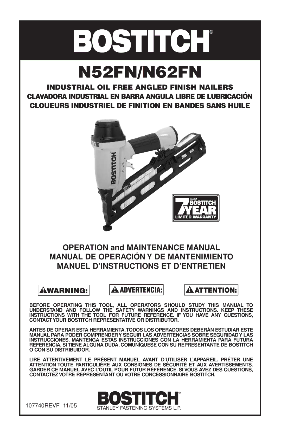 Quantaray manual N52FN/N62FN, Industrial OIL Free Angled Finish Nailers 