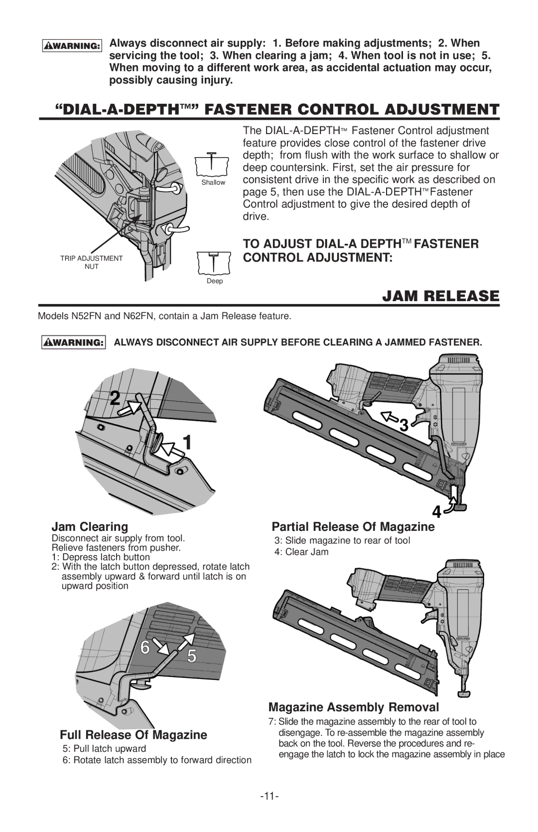 Quantaray N52FN, N62FN manual DIAL-A-DEPTH Fastener Control Adjustment, JAM Release 