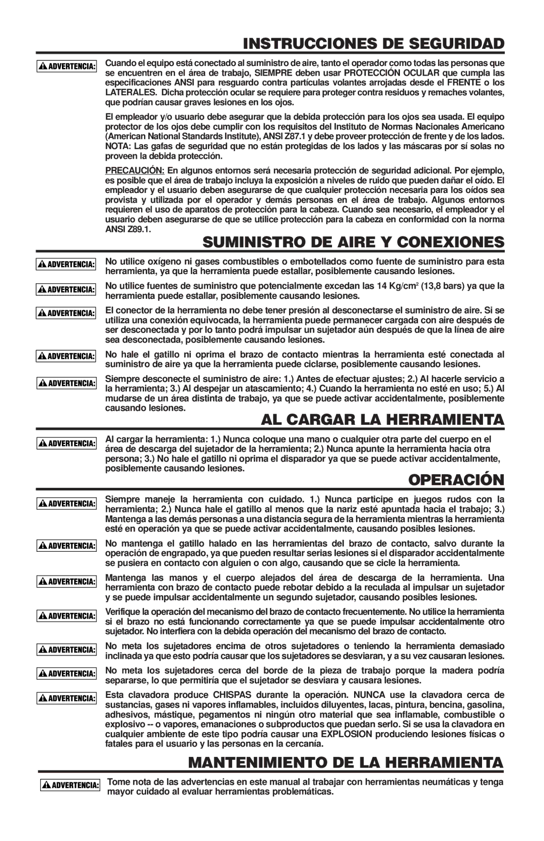 Quantaray N52FN, N62FN Instrucciones DE Seguridad, Suministro DE Aire Y Conexiones, AL Cargar LA Herramienta, Operación 