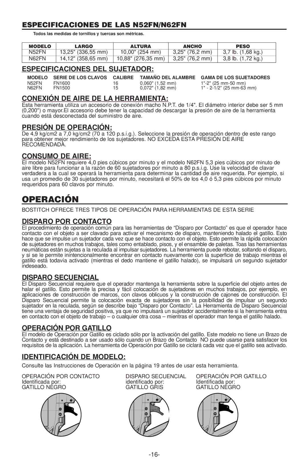 Quantaray manual Especificaciones DE LAS N52FN/N62FN, Especificaciones DEL Sujetador, Conexión DE Aire DE LA Herramienta 