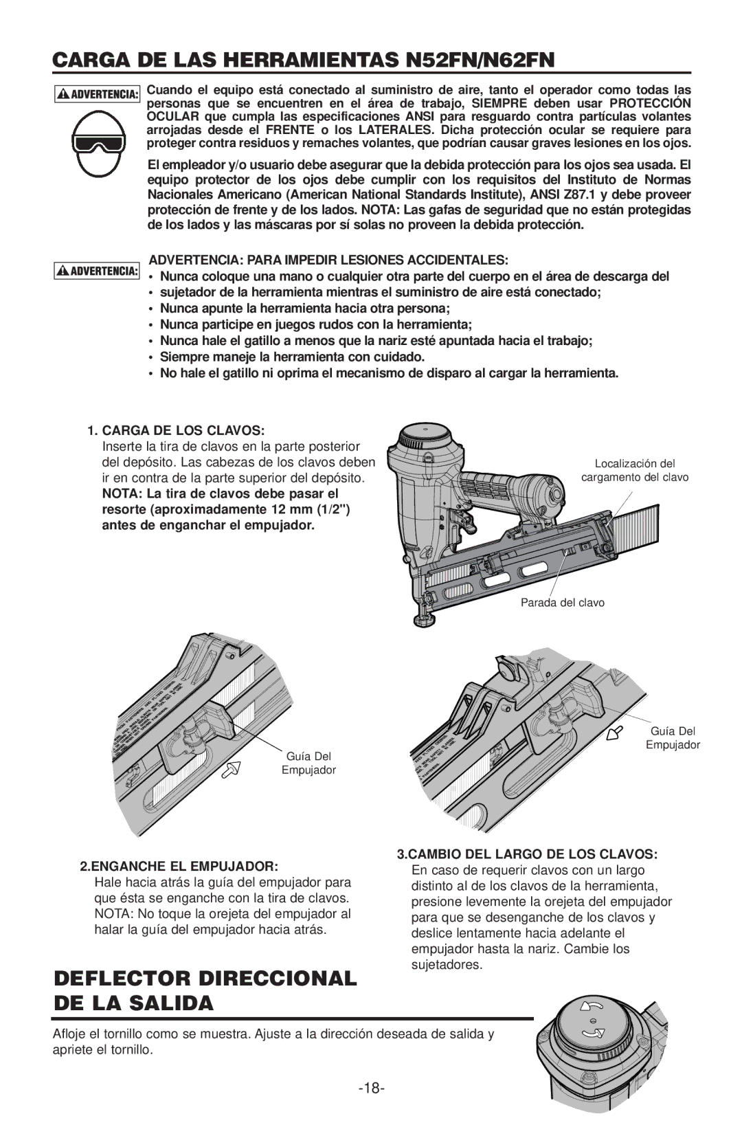 Quantaray manual Carga DE LAS Herramientas N52FN/N62FN, Deflector Direccional DE LA Salida, Carga DE LOS Clavos 