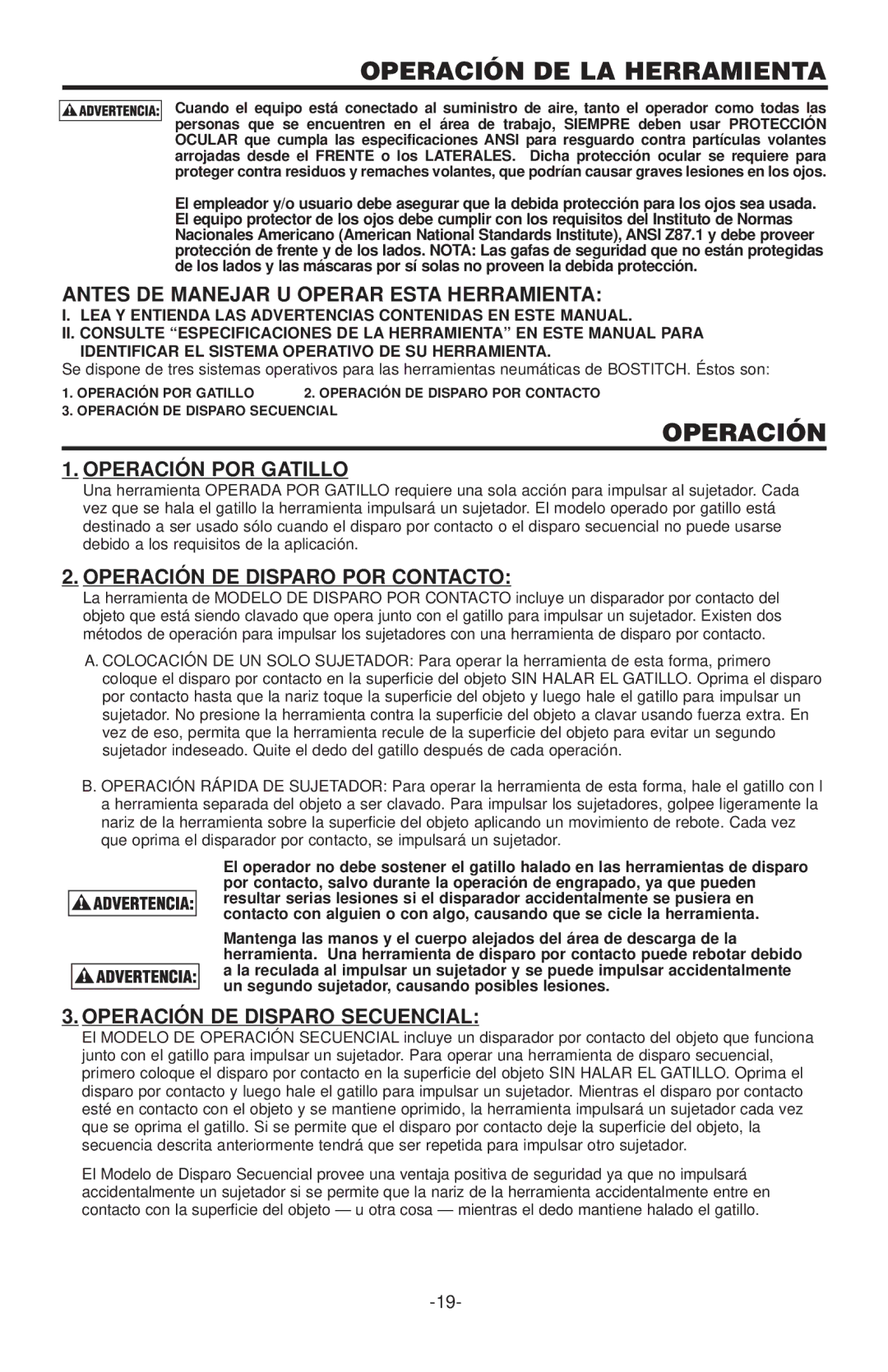 Quantaray N52FN Operación DE LA Herramienta, Antes DE Manejar U Operar Esta Herramienta, Operación DE Disp ARO Secuencial 