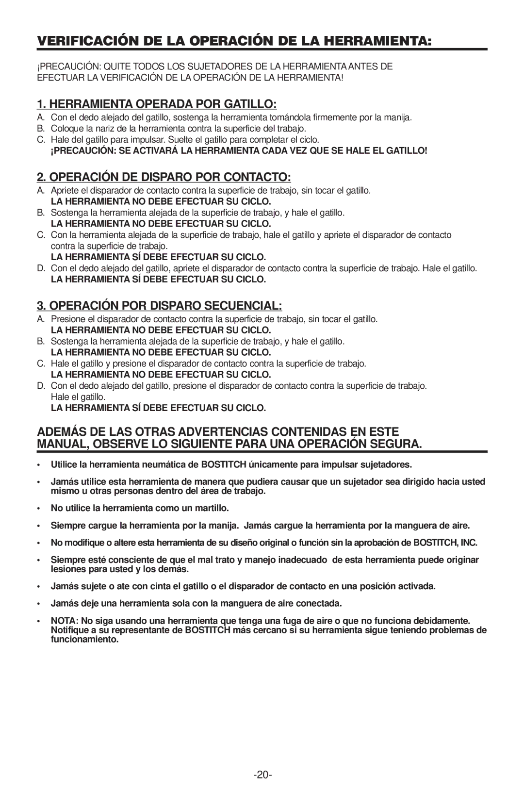 Quantaray N62FN, N52FN manual Verificación DE LA Operación DE LA Herramienta, Herramienta Operada POR Gatillo 