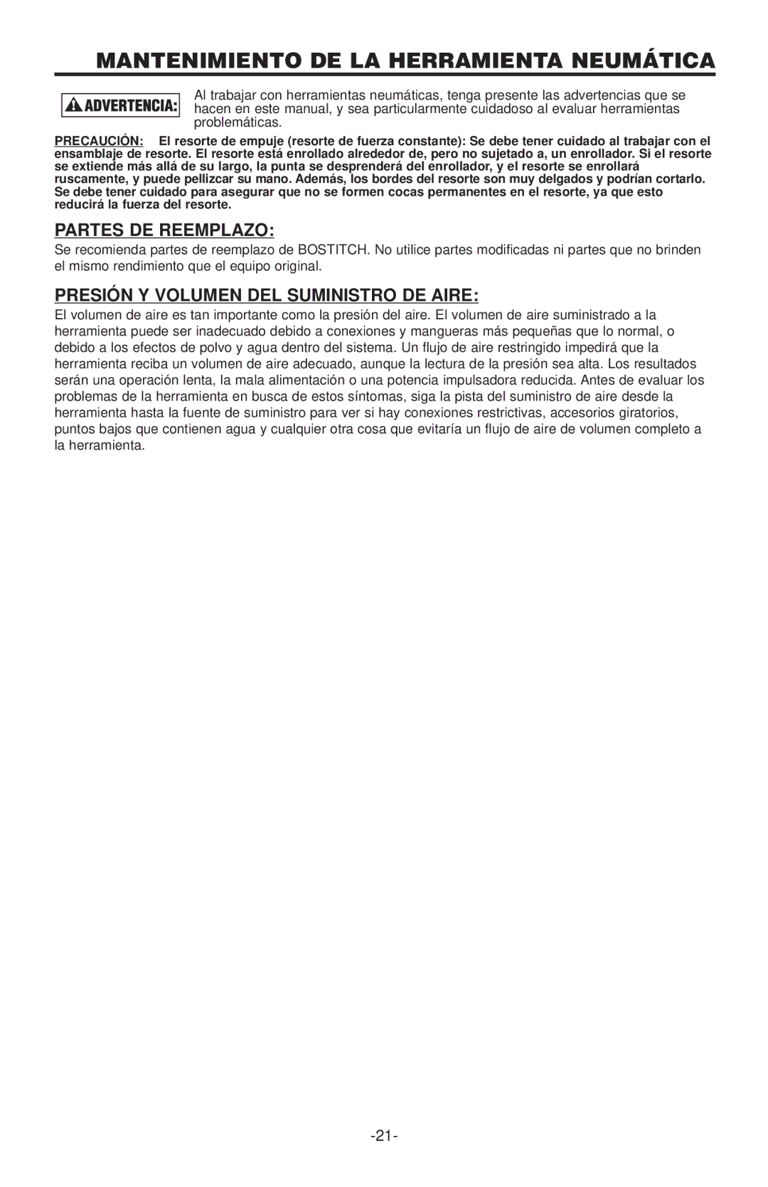 Quantaray N52FN Mantenimiento DE LA Herramienta Neumática, Partes DE Reemplazo, Presión Y Volumen DEL Suministro DE Aire 