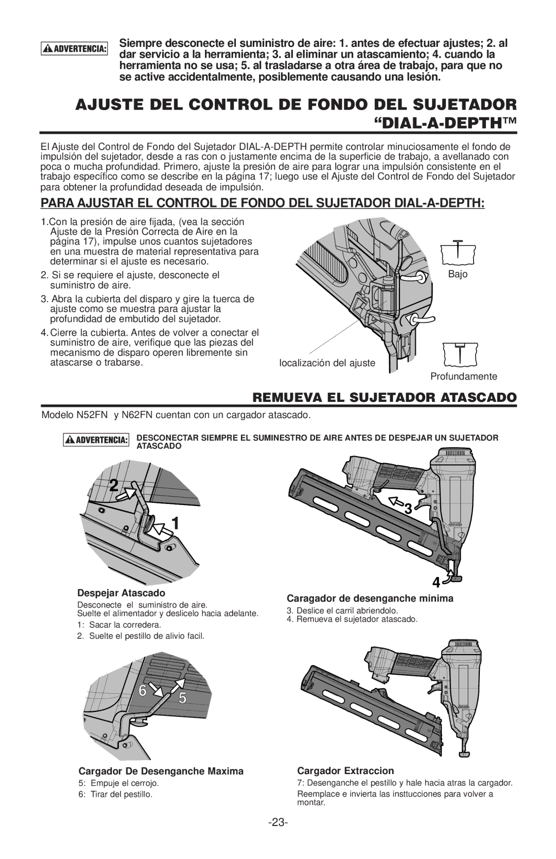 Quantaray N52FN, N62FN manual Ajuste DEL Control DE Fondo DEL Sujetador DIAL-A-DEPTH, Remueva EL Sujetador Atascado 