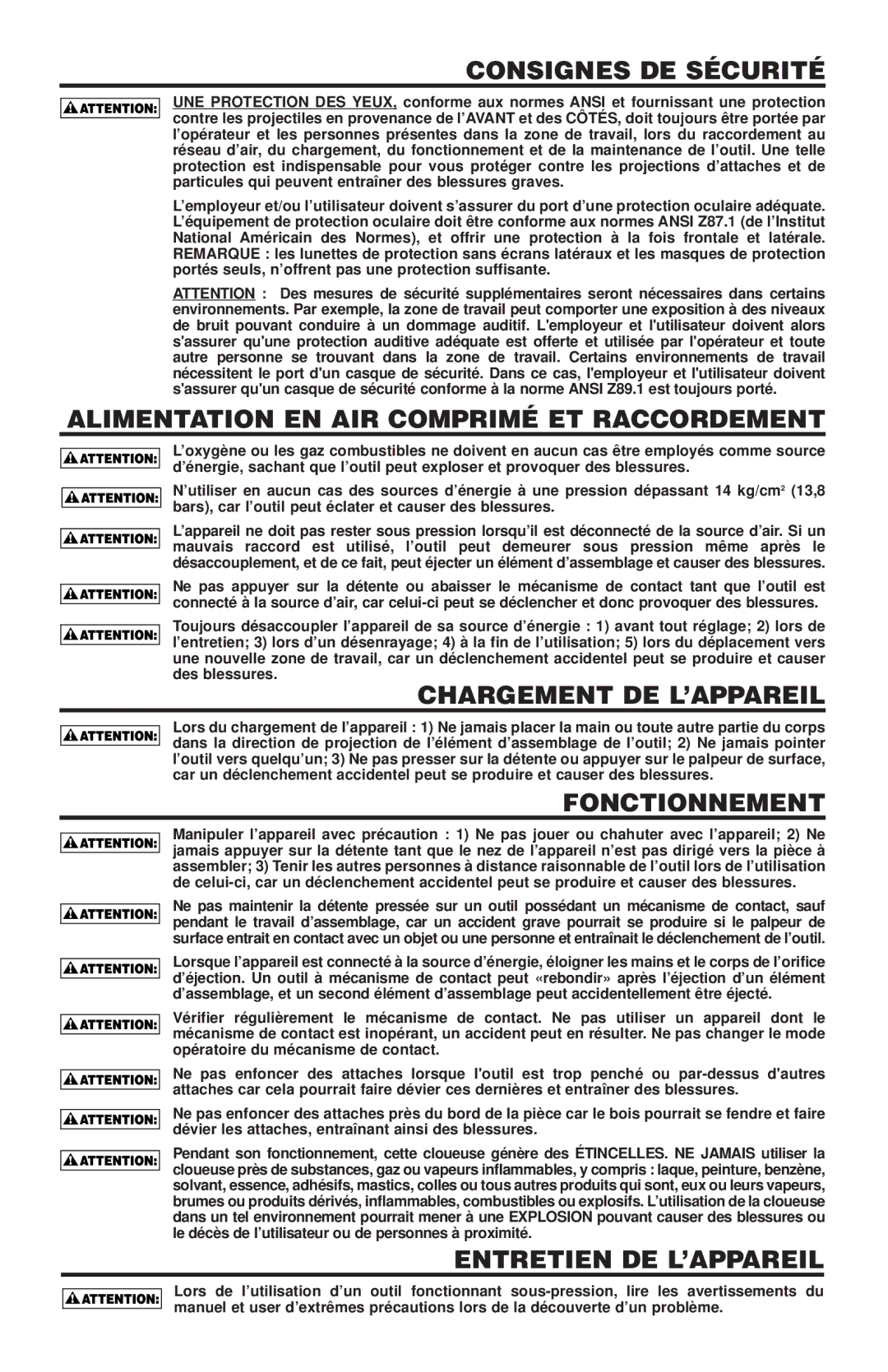 Quantaray N52FN, N62FN manual Consignes DE Sécurité, Alimentation EN AIR Comprimé ET Raccordement, Chargement DE L’APPAREIL 