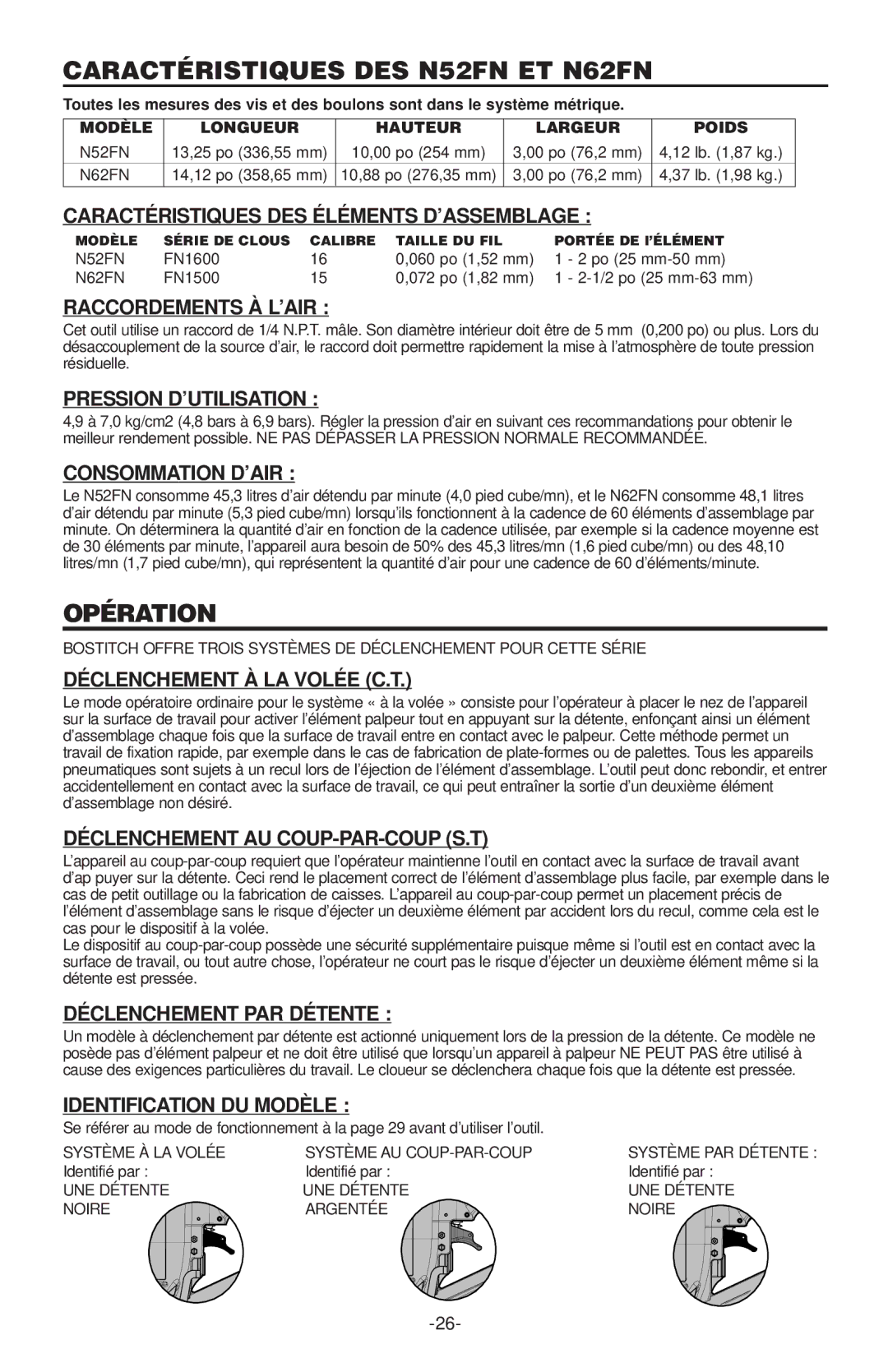 Quantaray manual Caractéristiques DES N52FN ET N62FN, Opération 