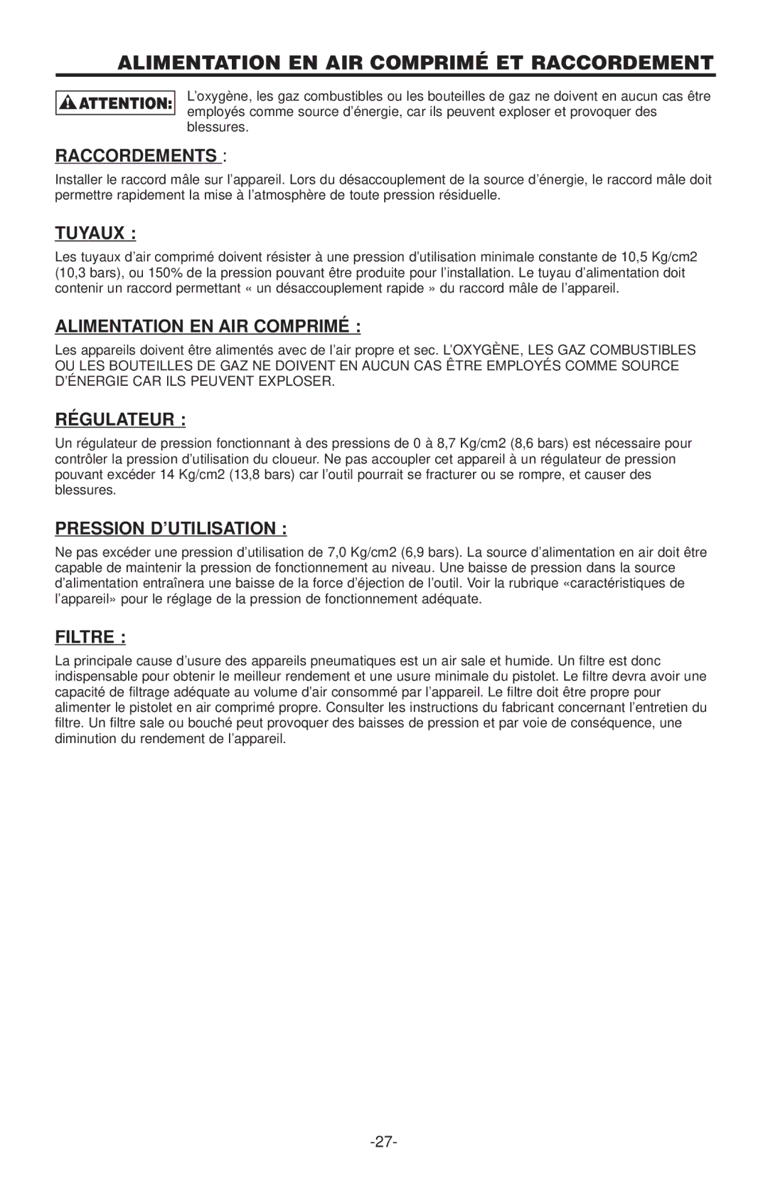 Quantaray N52FN, N62FN manual Alimentation EN AIR Comprimé ET Raccordement 