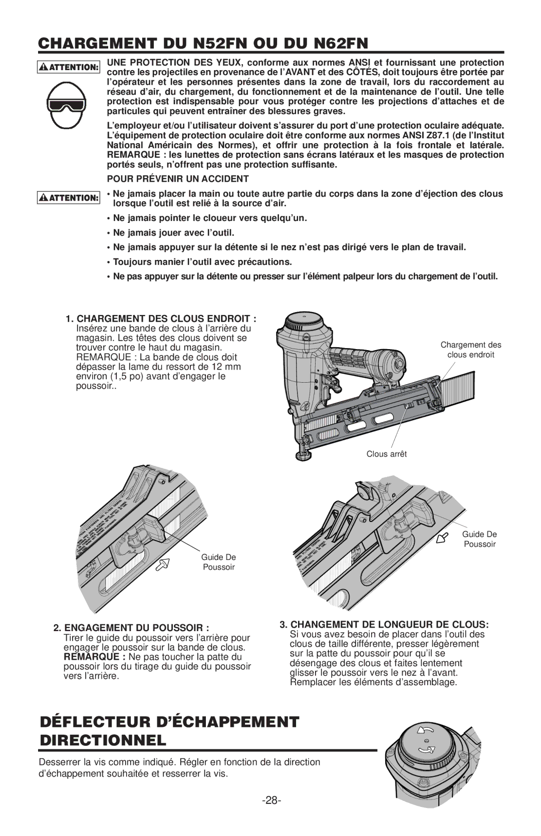 Quantaray manual Chargement DU N52FN OU DU N62FN, Déflecteur D’ÉCHAPPEMENT Directionnel, Pour Prévenir UN Accident 