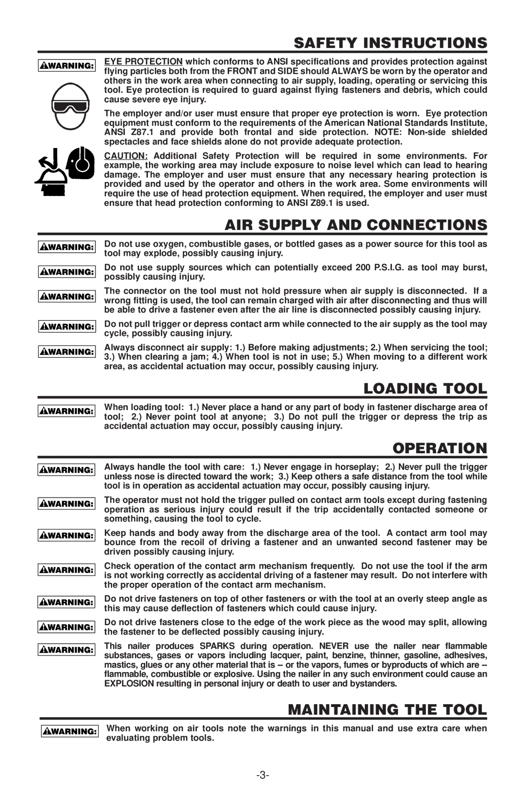 Quantaray N52FN, N62FN manual Safety Instructions, AIR Supply and Connections, Loading Tool, Operation, Maintaining the Tool 