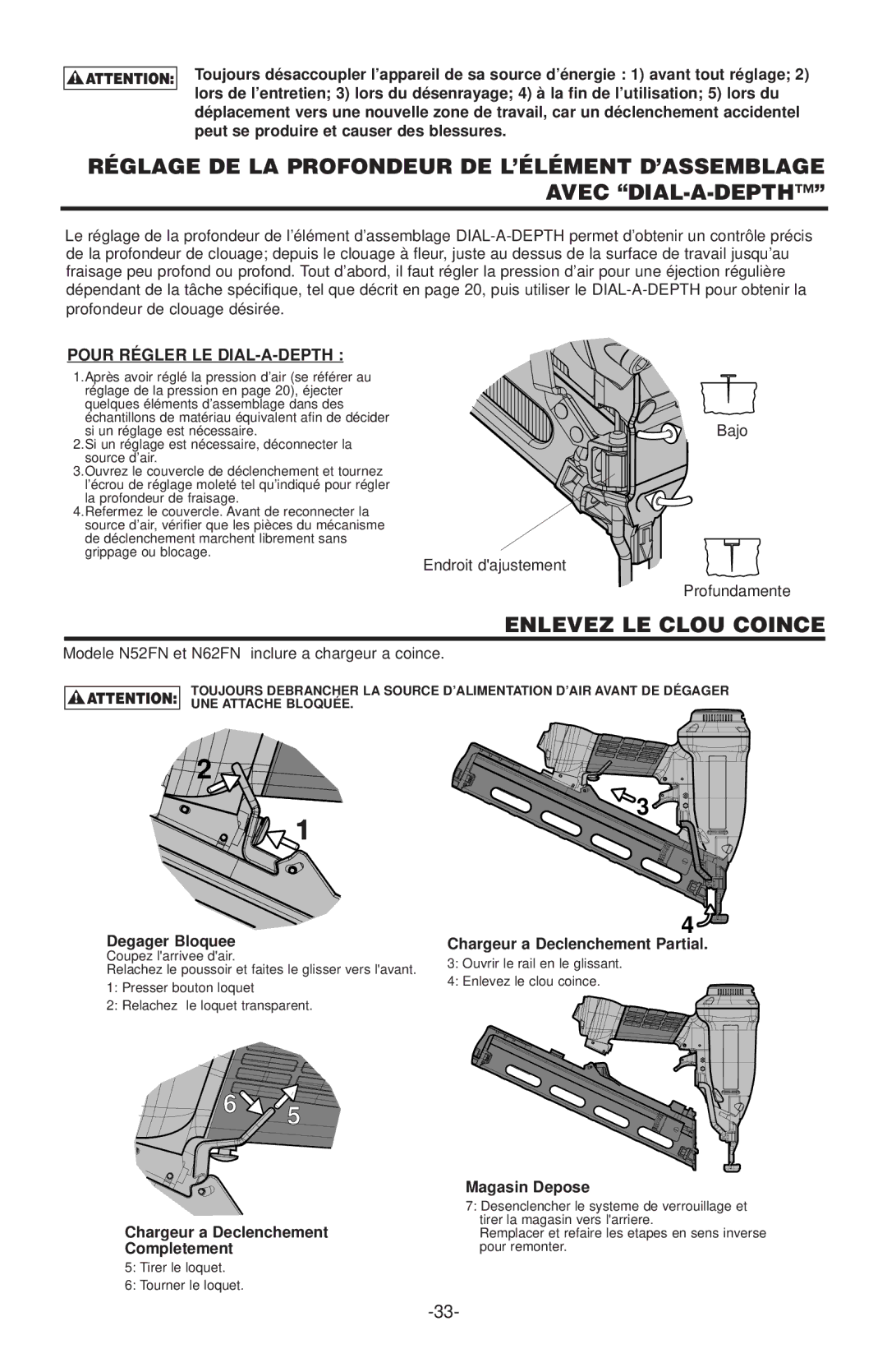 Quantaray N52FN, N62FN manual Enlevez LE Clou Coince, Pour Régler LE DIAL-A-DEPTH 