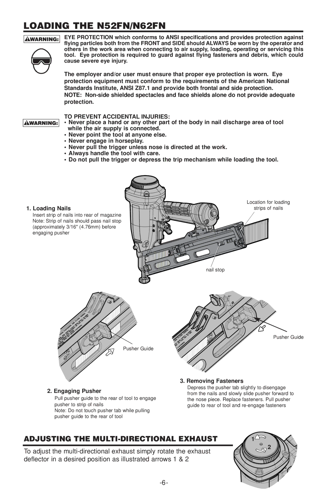 Quantaray manual Loading the N52FN/N62FN, Adjusting the MULTI-DIRECTIONAL Exhaust, To Prevent Accidental Injuries 