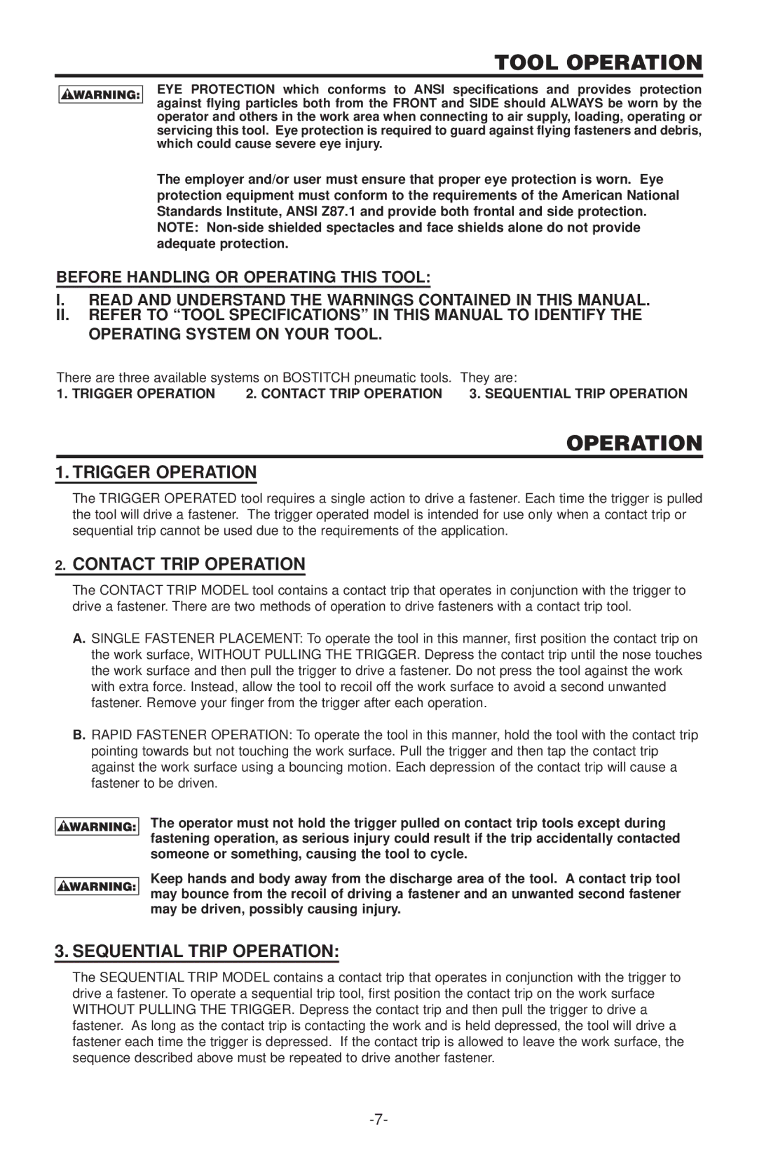 Quantaray N52FN, N62FN manual Tool Operation, Trigger Operation, Contact Trip Operation, Sequential Trip Operation 