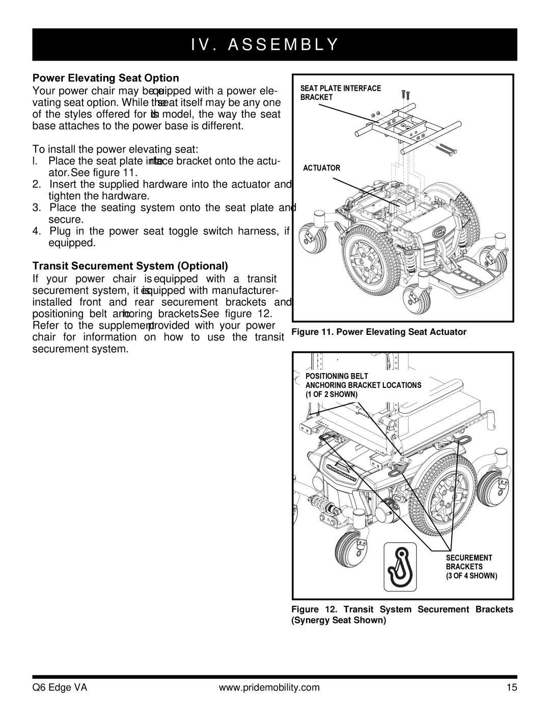 Quantum 06 edge va Power Elevating Seat Option, To install the power elevating seat, Transit Securement System Optional 