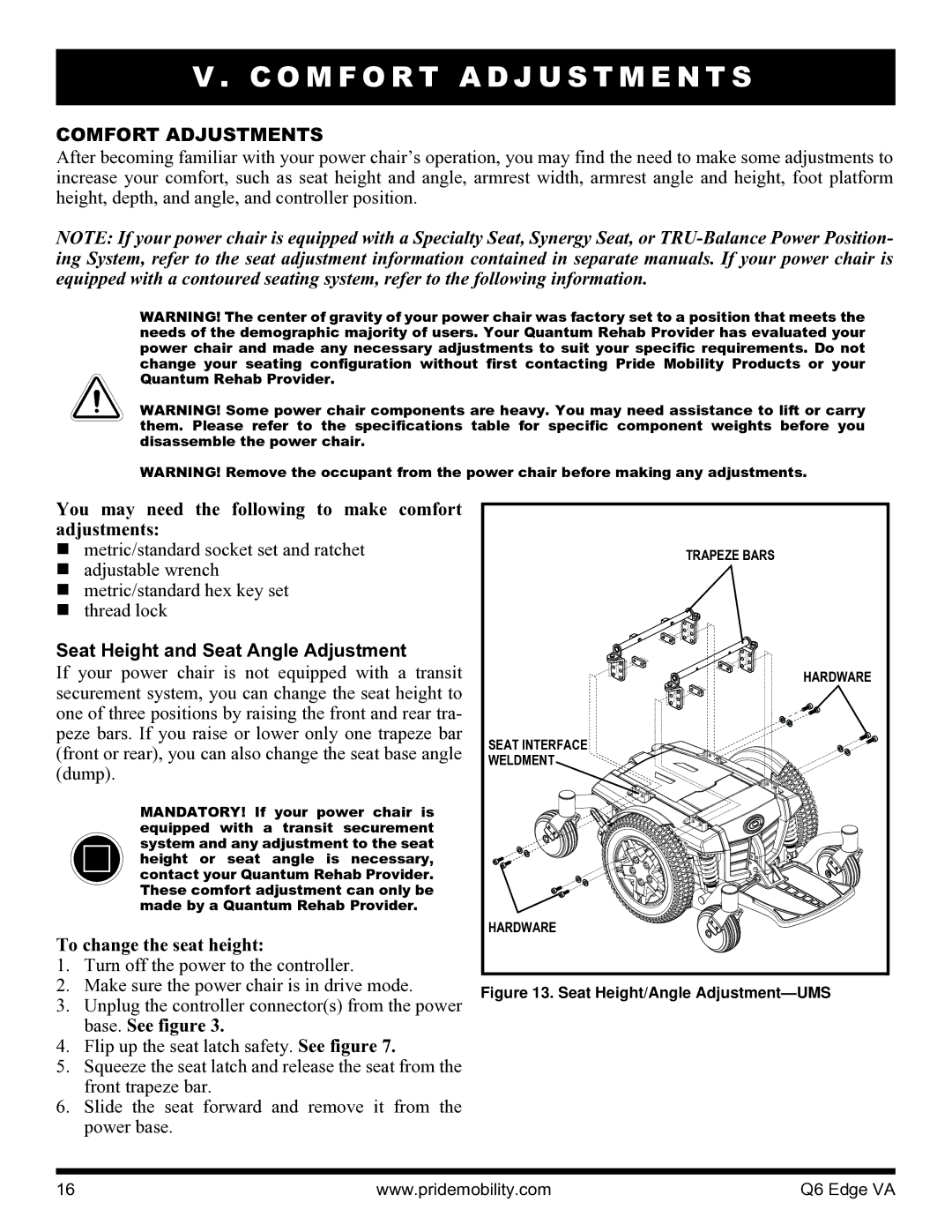 Quantum 06 edge va manual O M F O R T a D J U S T M E N T S, Comfort Adjustments, Seat Height and Seat Angle Adjustment 