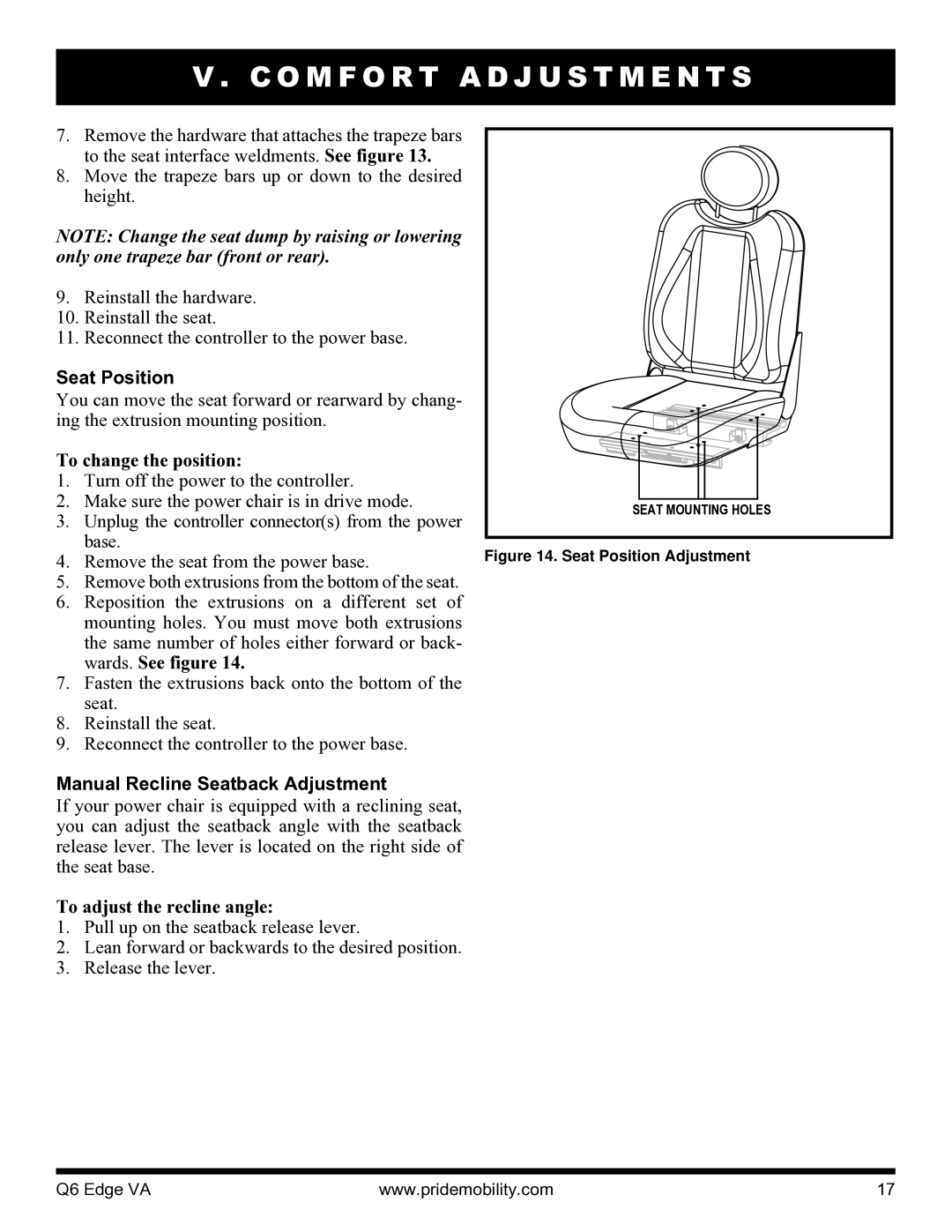 Quantum 06 edge va Seat Position, To change the position, Manual Recline Seatback Adjustment, To adjust the recline angle 