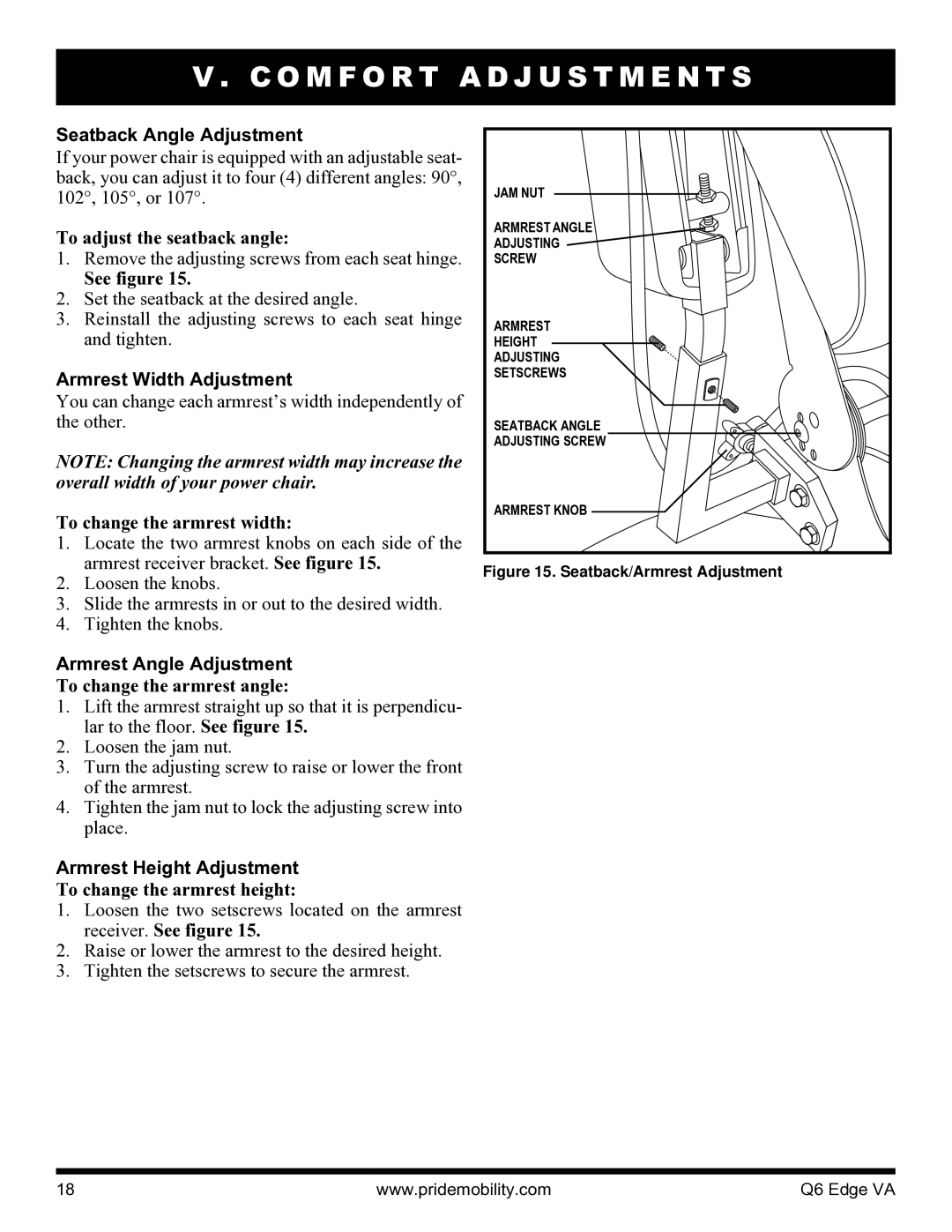 Quantum 06 edge va manual Seatback Angle Adjustment, Armrest Width Adjustment, Armrest Angle Adjustment 