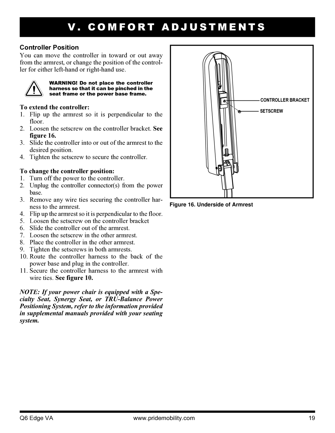 Quantum 06 edge va manual Controller Position, To extend the controller, To change the controller position 