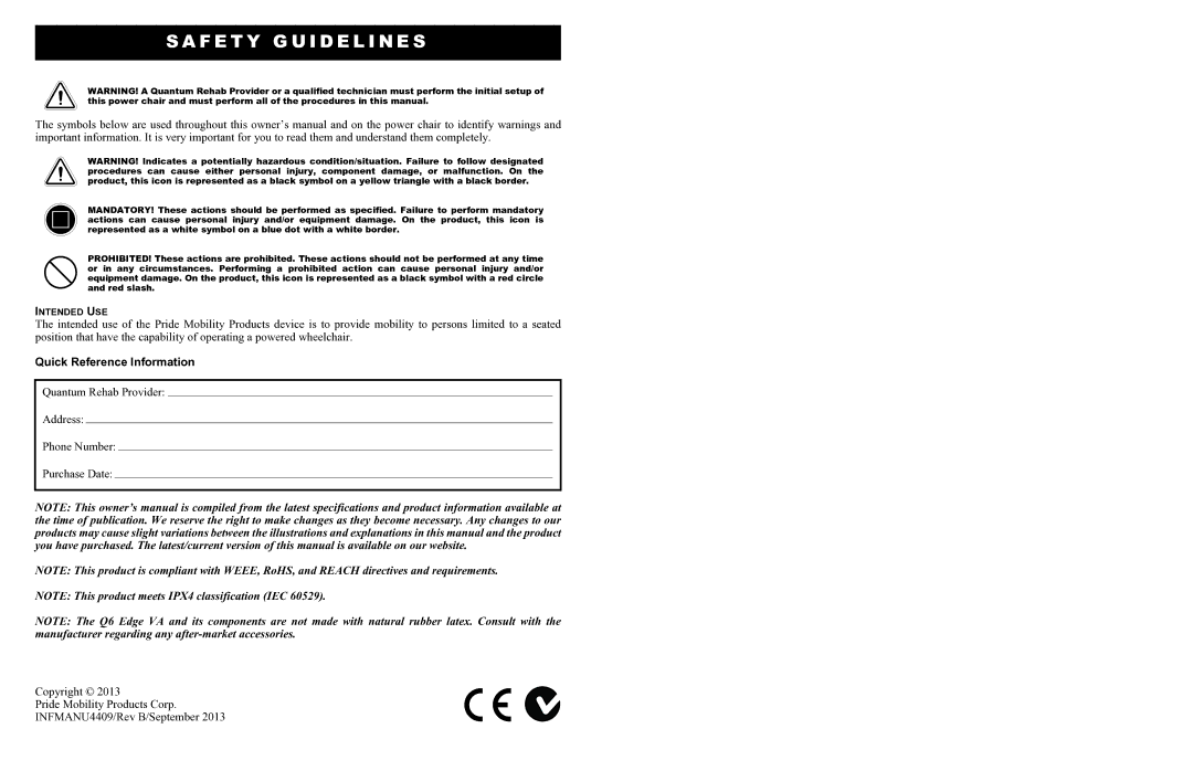 Quantum 06 edge va manual F E T Y G U I D E L I N E S, Quick Reference Information 