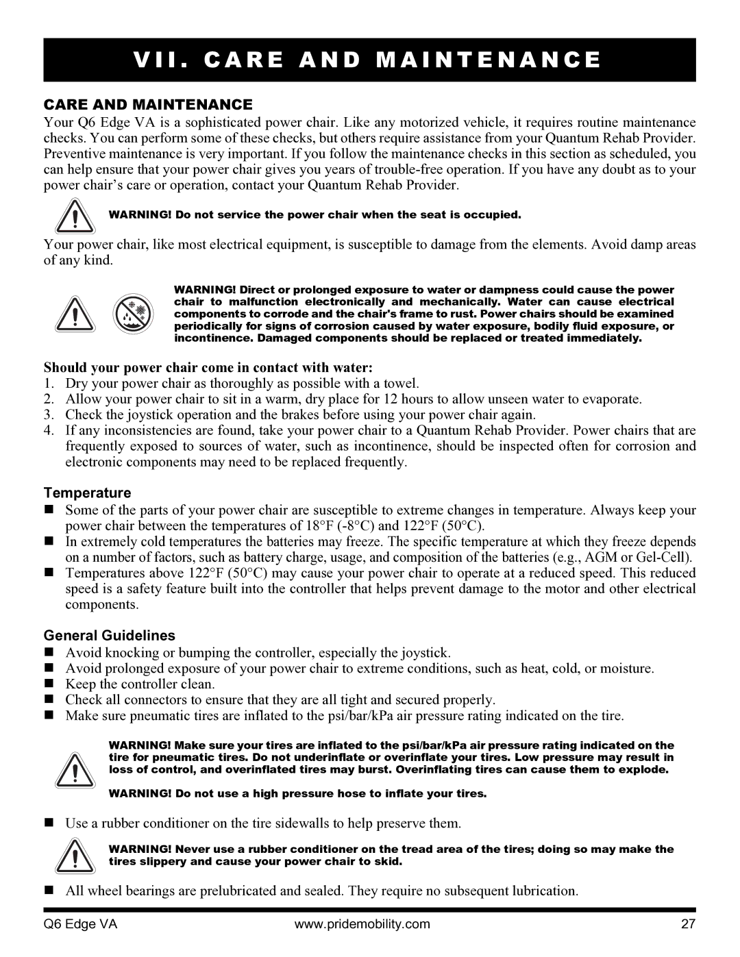 Quantum 06 edge va manual I . C a R E a N D M a I N T E N a N C E, Care and Maintenance, Temperature, General Guidelines 