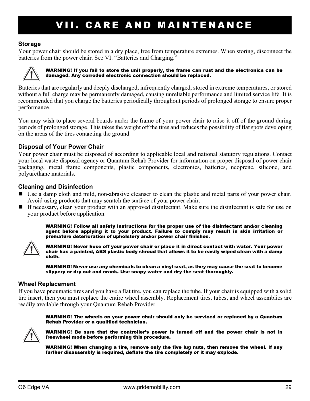 Quantum 06 edge va manual Storage, Disposal of Your Power Chair, Cleaning and Disinfection, Wheel Replacement 