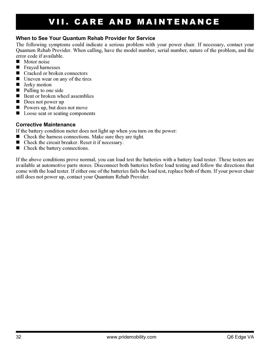 Quantum 06 edge va manual When to See Your Quantum Rehab Provider for Service, Corrective Maintenance 