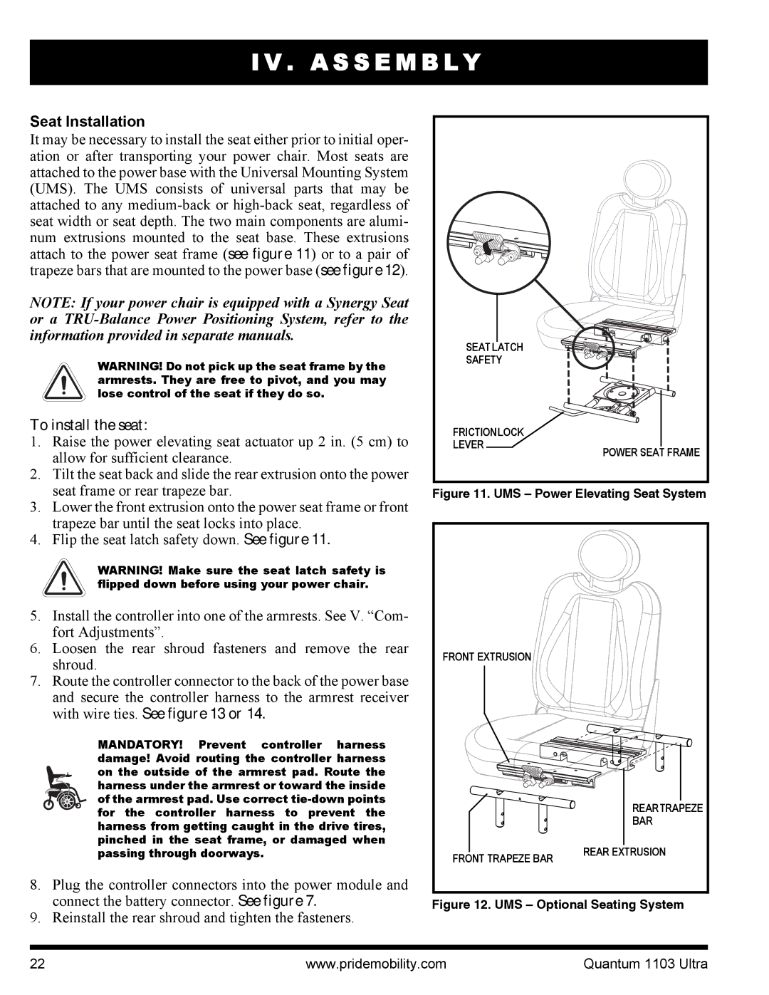 Quantum 1103 Series, 1103 Ultra 2SP manual Seat Installation, To install the seat 