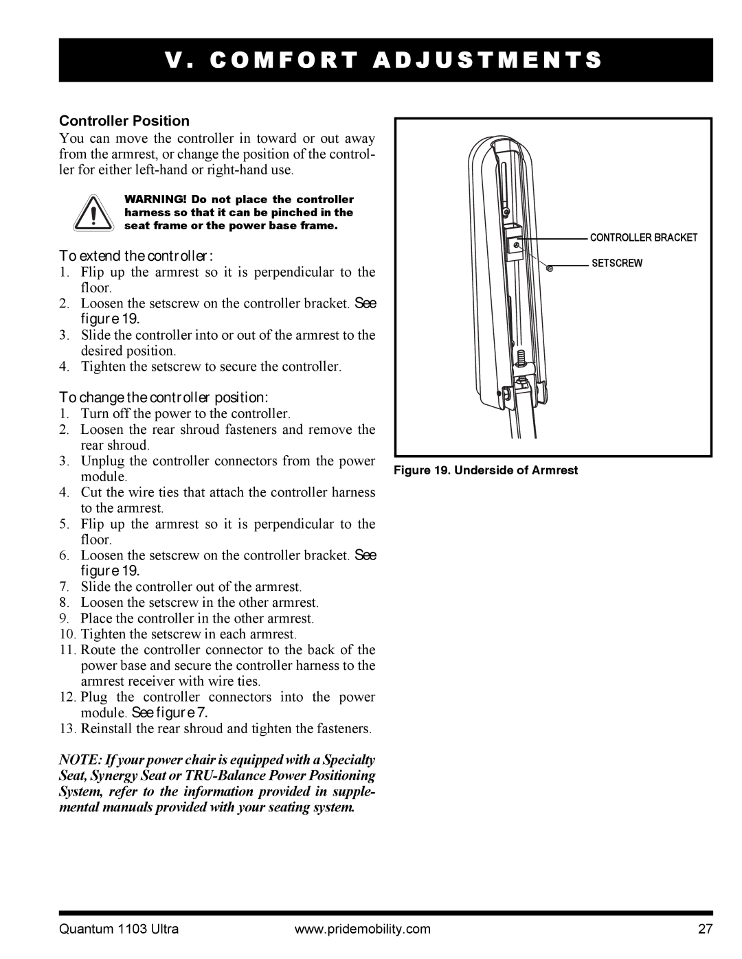 Quantum 1103 Ultra 2SP, 1103 Series manual Controller Position, To extend the controller, To change the controller position 