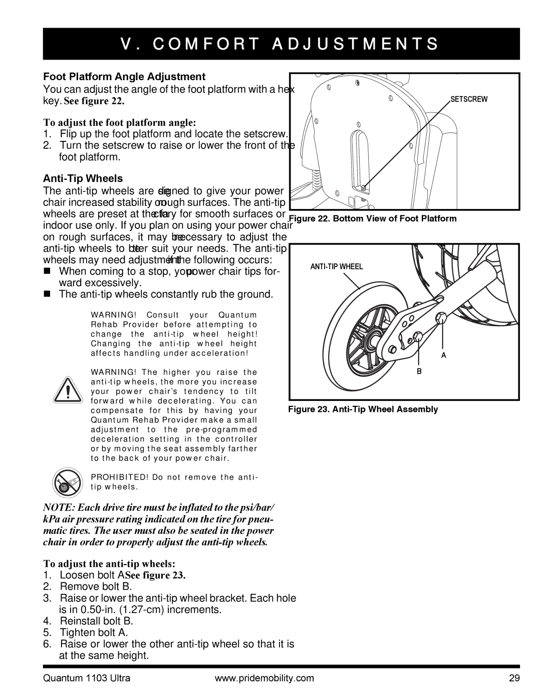 Quantum 1103 Ultra 2SP, 1103 Series Foot Platform Angle Adjustment, To adjust the foot platform angle, Anti-Tip Wheels 