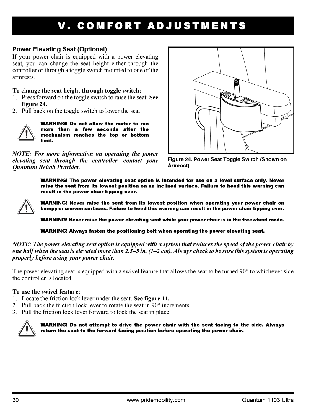 Quantum 1103 Series, 1103 Ultra 2SP manual Power Elevating Seat Optional, To change the seat height through toggle switch 