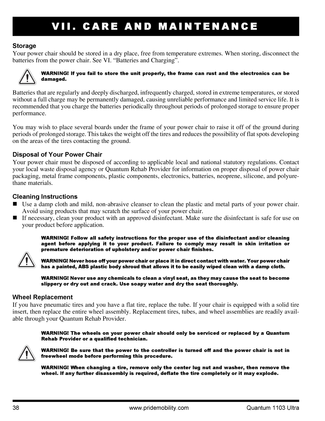 Quantum 1103 Series, 1103 Ultra 2SP manual Storage, Disposal of Your Power Chair, Cleaning Instructions, Wheel Replacement 